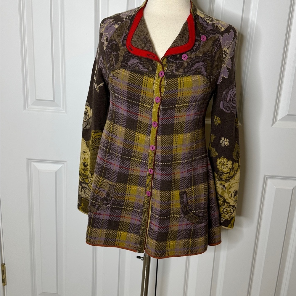 IVKO Floral Tartan Wool Sweater Coat Cardigan Sz38 Medium